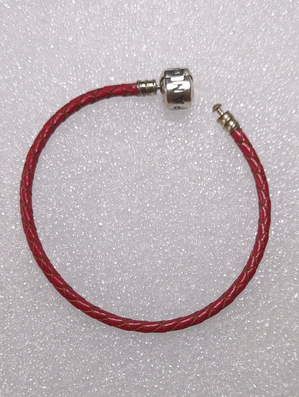 Pandora Red Braided Leather Charm 7" Bracelet with Silver Barrel Clasp